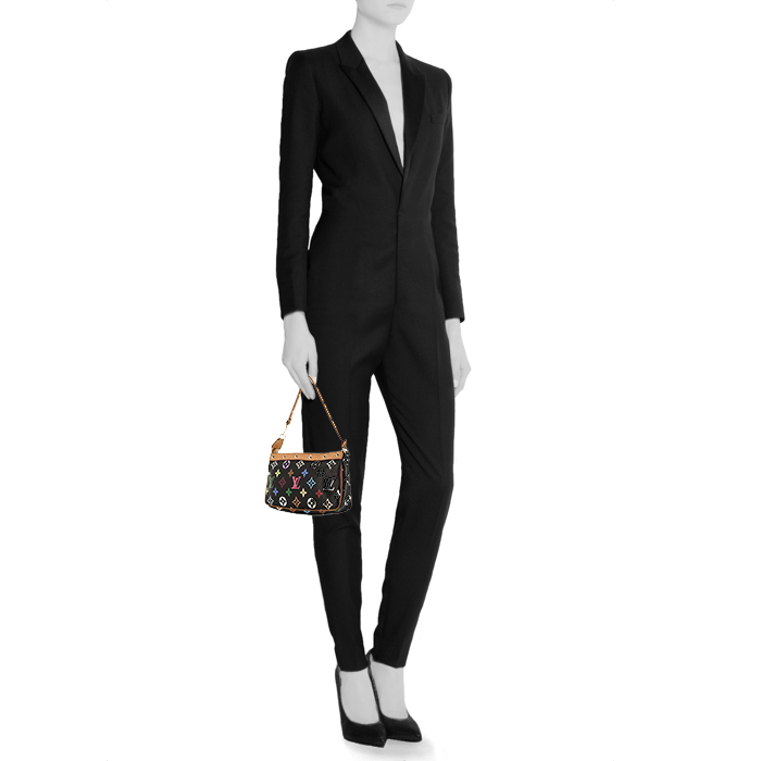 Louis Vuitton Pochette accessoires pouch in black multicolor monogram canvas and natural leather - Detail D1