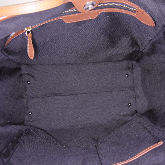 Shopping bag Burberry Canterbury modello piccolo in tela cerata Haymarket beige nera rossa e bianca e pelle marrone - Detail D2