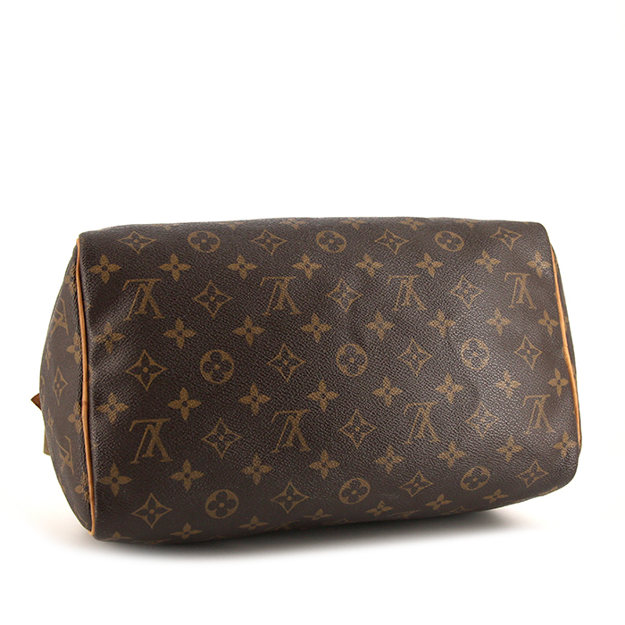 Sac à main Louis Vuitton Speedy 30 en toile monogram marron et cuir naturel - Detail D4