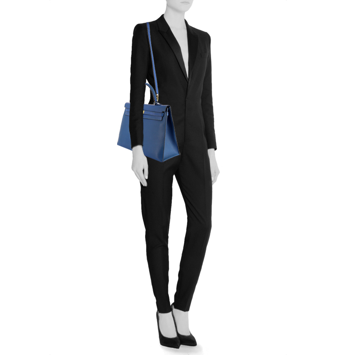 Hermes Kelly 35 cm handbag in Bleu Thalassa epsom leather - Detail D2
