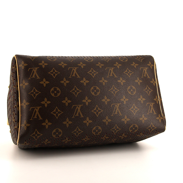Borsa Louis Vuitton Speedy 30 in tela monogram marrone con motivo forato e pelle naturale - Detail D4