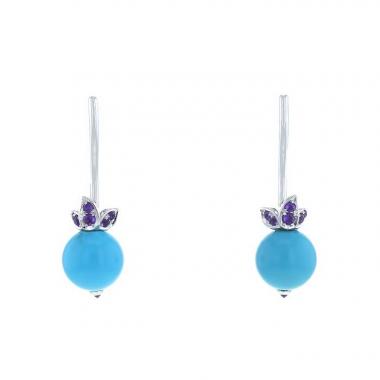 Paire de pendants d'oreilles Lorenz Bäumer Gourmandise en or blanc,  turquoises et améthystes