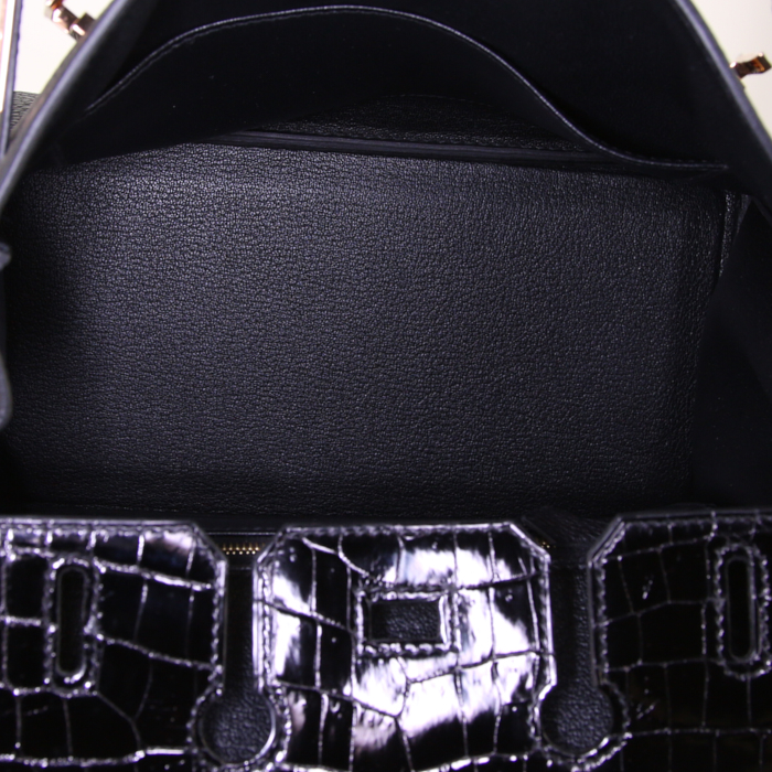 Borsa Hermes Birkin 25 cm in pelle togo nera e coccodrillo niloticus nero - Detail D2
