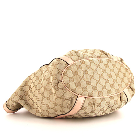 Gucci shopping bag D-ring in beige monogram canvas and varnished pink leather - Detail D4