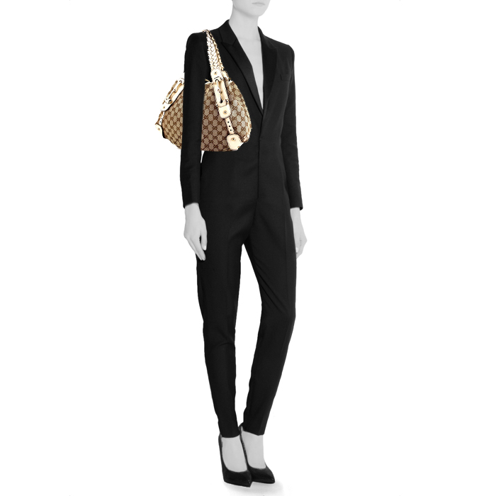 Borsa Gucci Pelham in tela monogram beige e pelle bianca - Detail D1