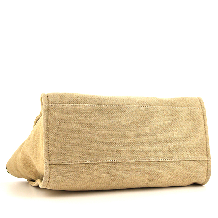 Sac cabas Chanel Deauville en toile beige et cuir noir - Detail D5