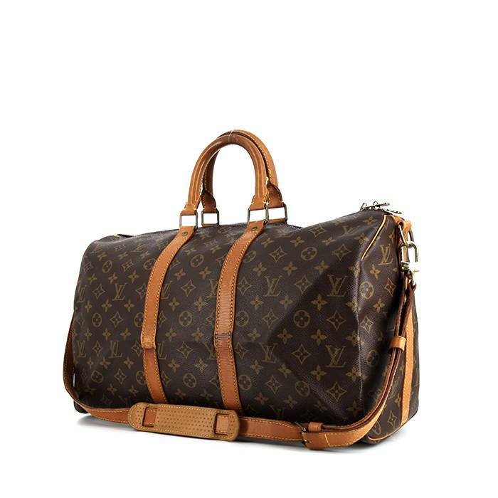 Borsa da viaggio Louis Vuitton Keepall 45 in tela monogram marrone e pelle naturale - 00pp