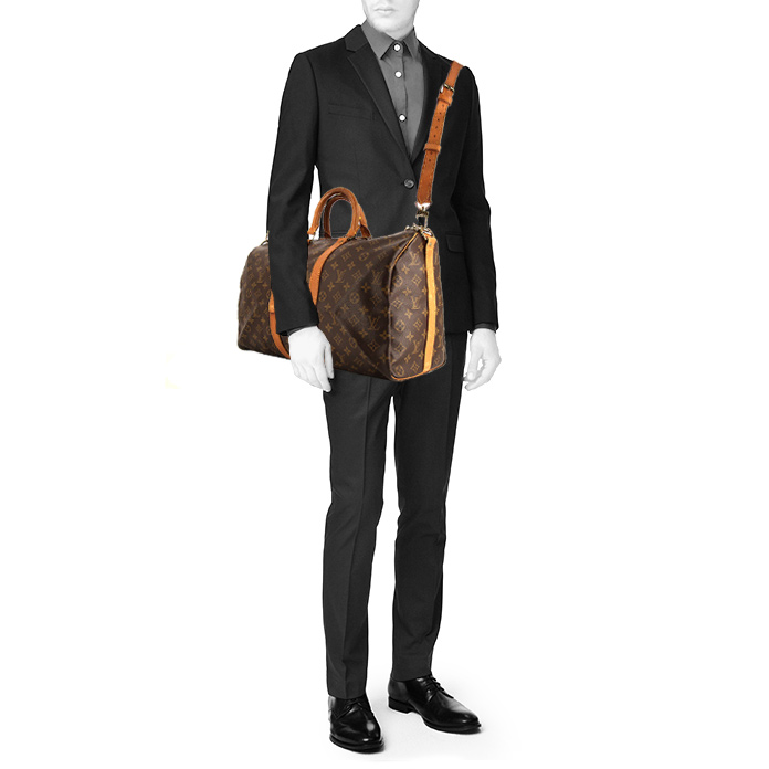 Borsa da viaggio Louis Vuitton Keepall 45 in tela monogram marrone e pelle naturale - Detail D2