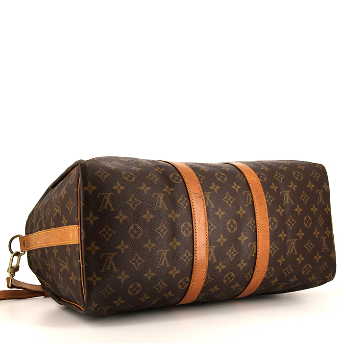 Borsa da viaggio Louis Vuitton Keepall 45 in tela monogram marrone e pelle naturale - Detail D5