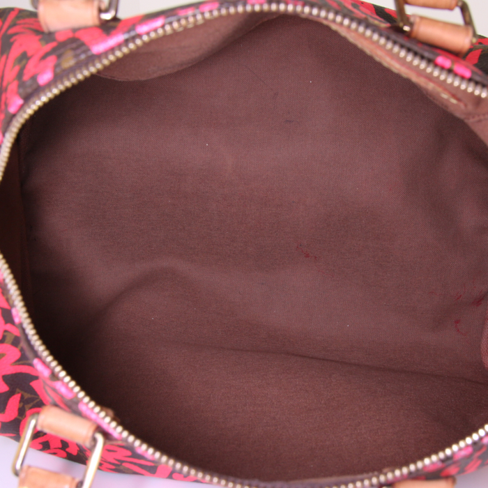 Bolso de mano Louis Vuitton Speedy Editions Limitées en lona Monogram marrón y rosa y cuero natural - Detail D2