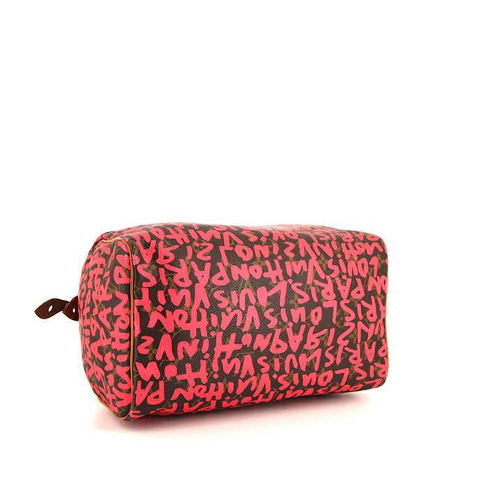 Borsa Louis Vuitton Speedy Editions Limitées in tela monogram marrone e rosa con decoro graffiti e pelle naturale - Detail D4