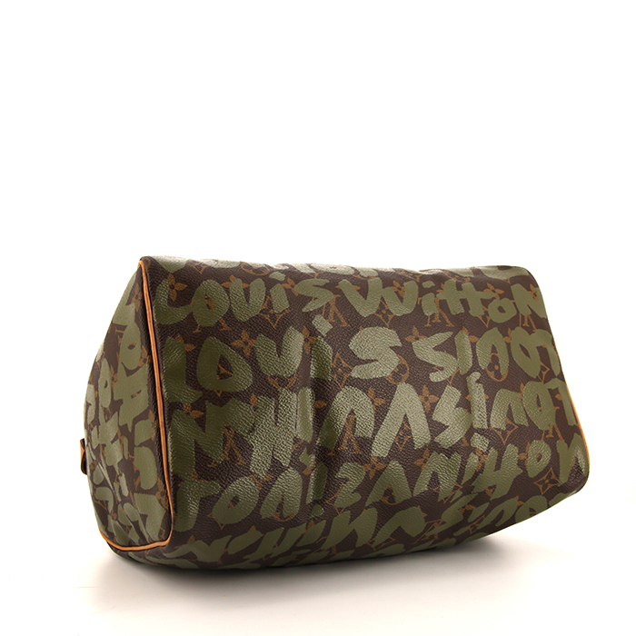 Borsa Louis Vuitton Speedy Editions Limitées in tela monogram marrone e verde kaki con decoro graffiti e pelle naturale - Detail D4