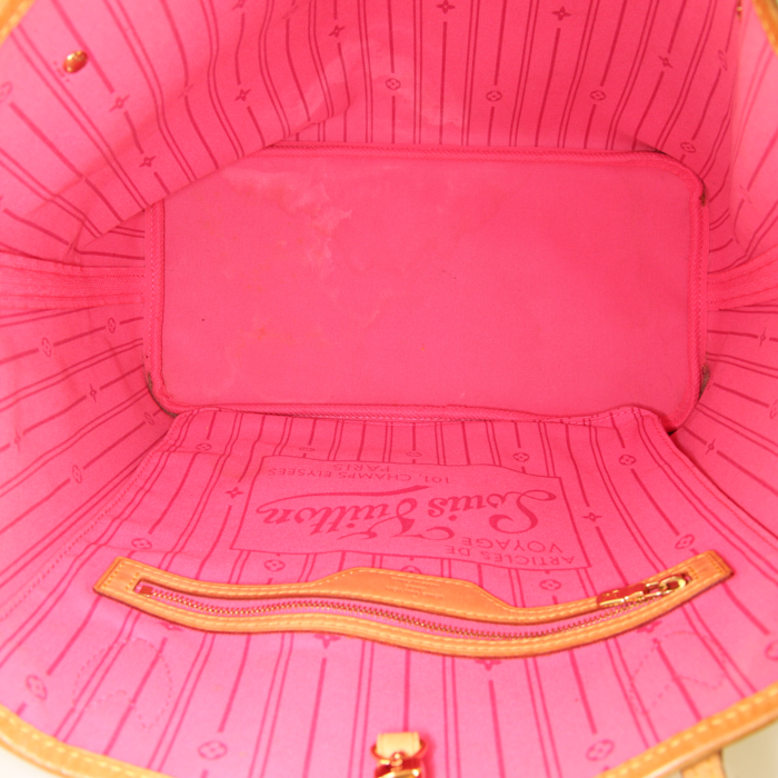 Shopping bag Louis Vuitton Neverfull in tela monogram marrone a fiori e pelle naturale - Detail D2