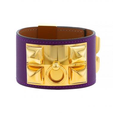 Brazalete Hermes Médor en metal dorado y cuero violeta Anemone