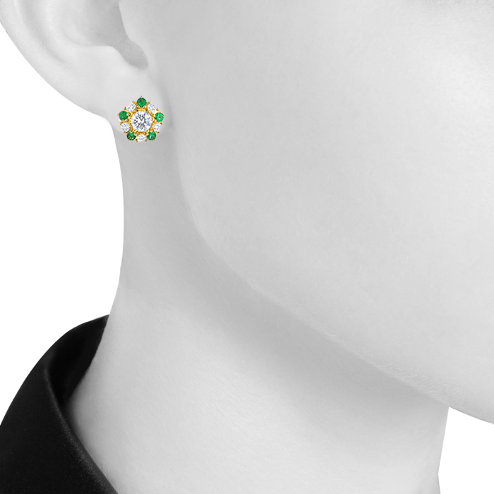 Paire de puces d'oreilles Vintage en or jaune,  diamants et émeraudes - Detail D1