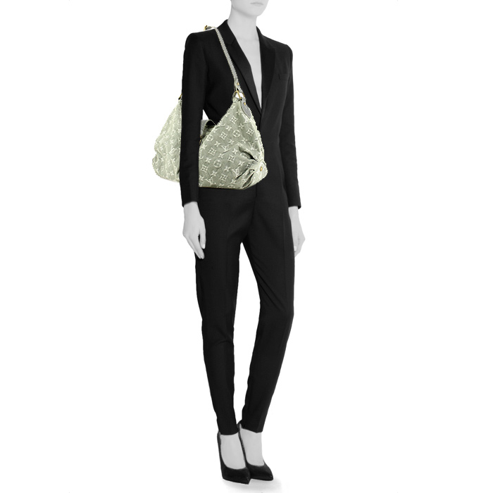 Bolso de mano Louis Vuitton en lona denim Monogram gris y cuero gris - Detail D1