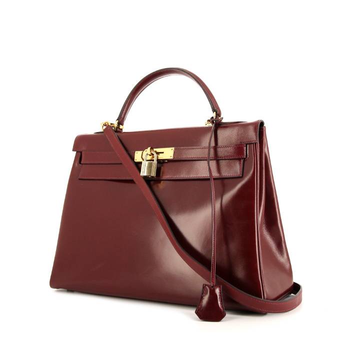 Bolso de mano Hermes Kelly 32 cm en cuero box color burdeos