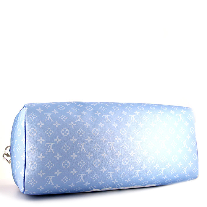 Louis Vuitton Keepall Editions Limitées weekend bag in light blue and white Clouds monogram canvas and blue leather - Detail D5