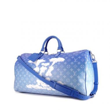 Bolso de fin de semana Louis Vuitton Keepall Editions Limitées en lona Monogram Clouds azul claro y blanca y cuero azul