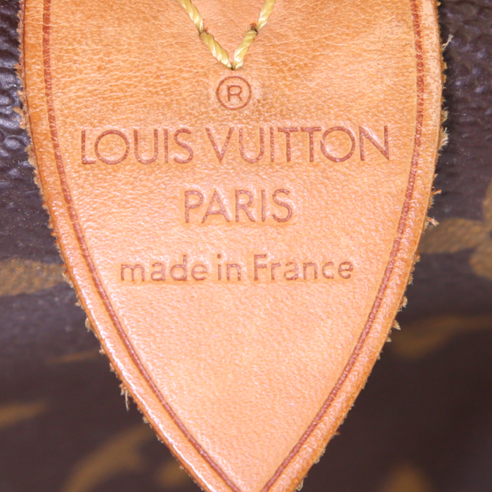 Bolso de mano Louis Vuitton Speedy 25 cm en lona Monogram marrón y cuero natural - Detail D3