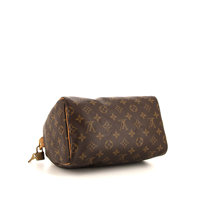 Bolso de mano Louis Vuitton Speedy 25 cm en lona Monogram marrón y cuero natural - Detail D4