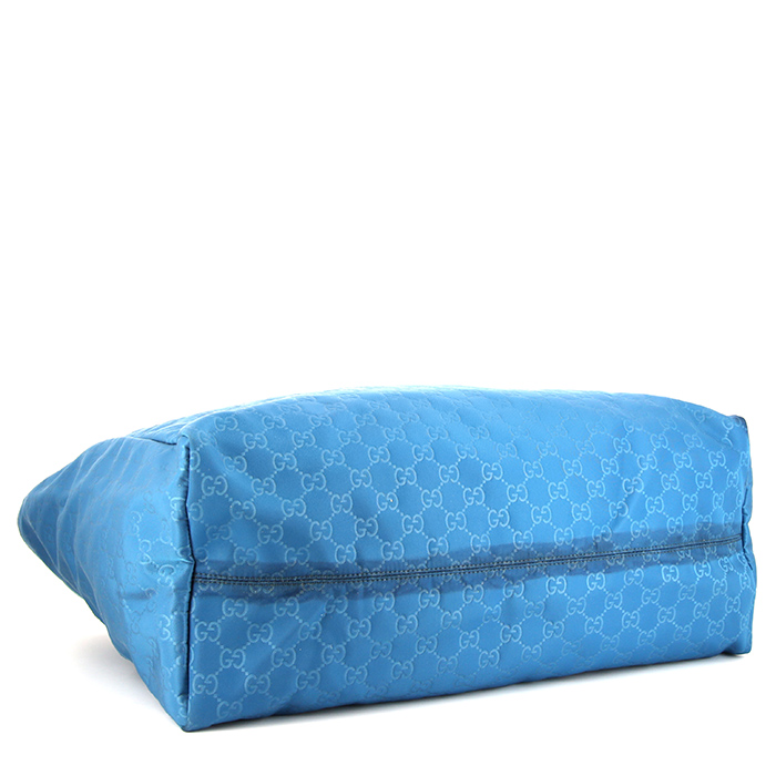 Gucci shopping bag in blue monogram canvas and brown leather - Detail D4