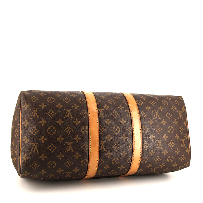 Bolsa de viaje Louis Vuitton Keepall 45 en lona Monogram marrón y cuero natural - Detail D4