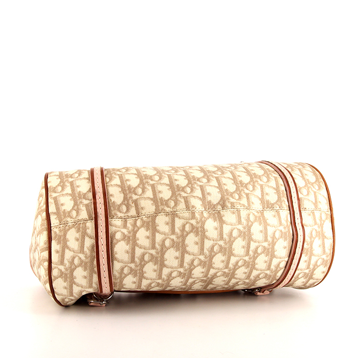 Bolso de mano Dior Vintage en lona Monogram beige y cuero marrón - Detail D4