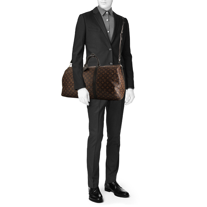 Louis Vuitton Keepall 55 cm travel bag in brown monogram canvas Macassar and black leather - Detail D2