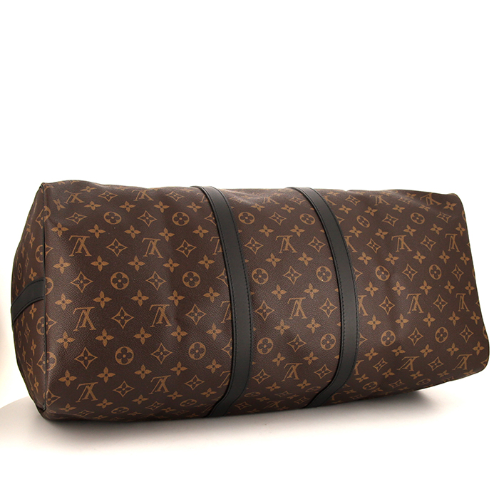 Louis Vuitton Keepall 55 cm travel bag in brown monogram canvas Macassar and black leather - Detail D5
