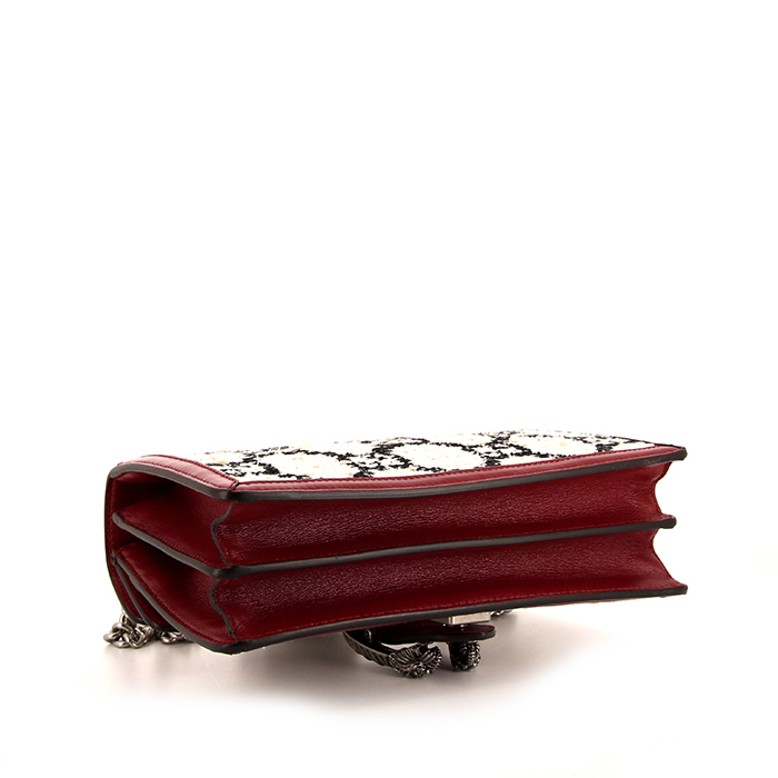 Gucci Dionysus handbag in white and black monogram tweed and burgundy leather - Detail D5