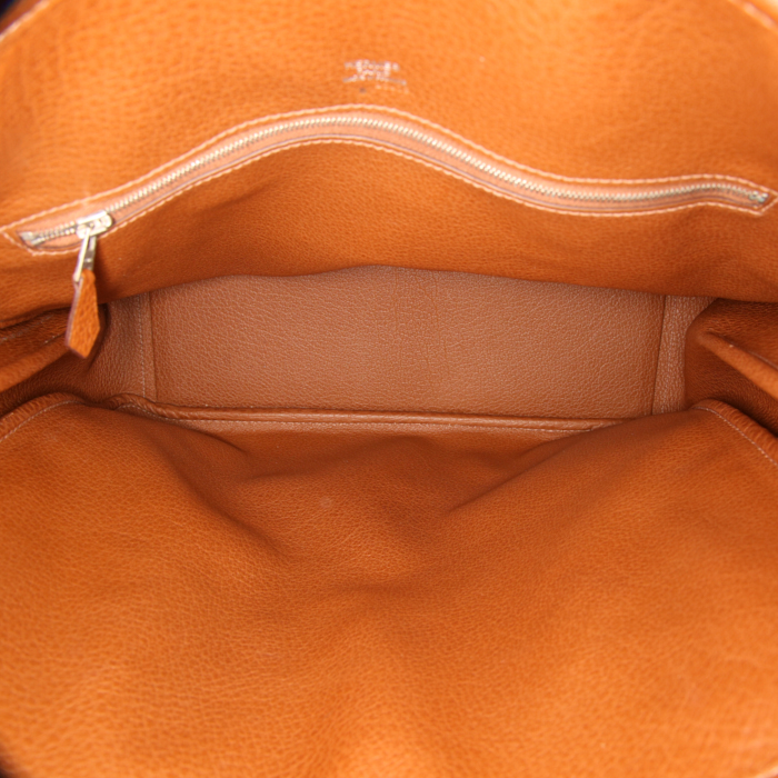 Shopping bag Hermes Victoria in tela beige con decori geometrici e pelle marrone - Detail D2