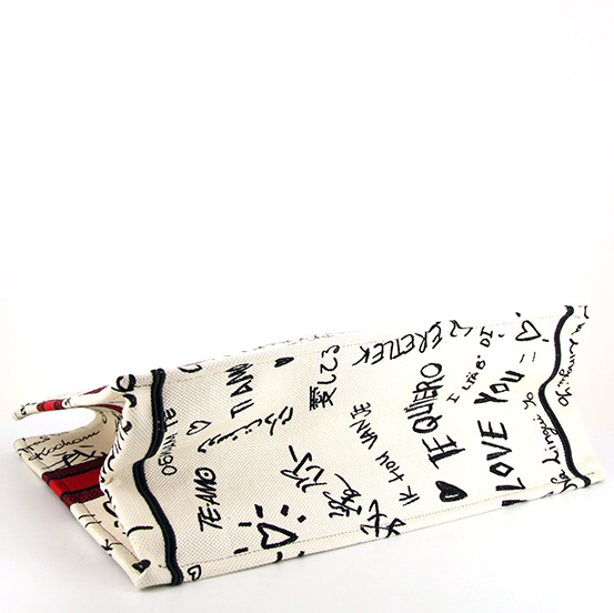 Dior Book Tote Dioramour Graffiti shopping bag in ecru, red and black canvas - Detail D4