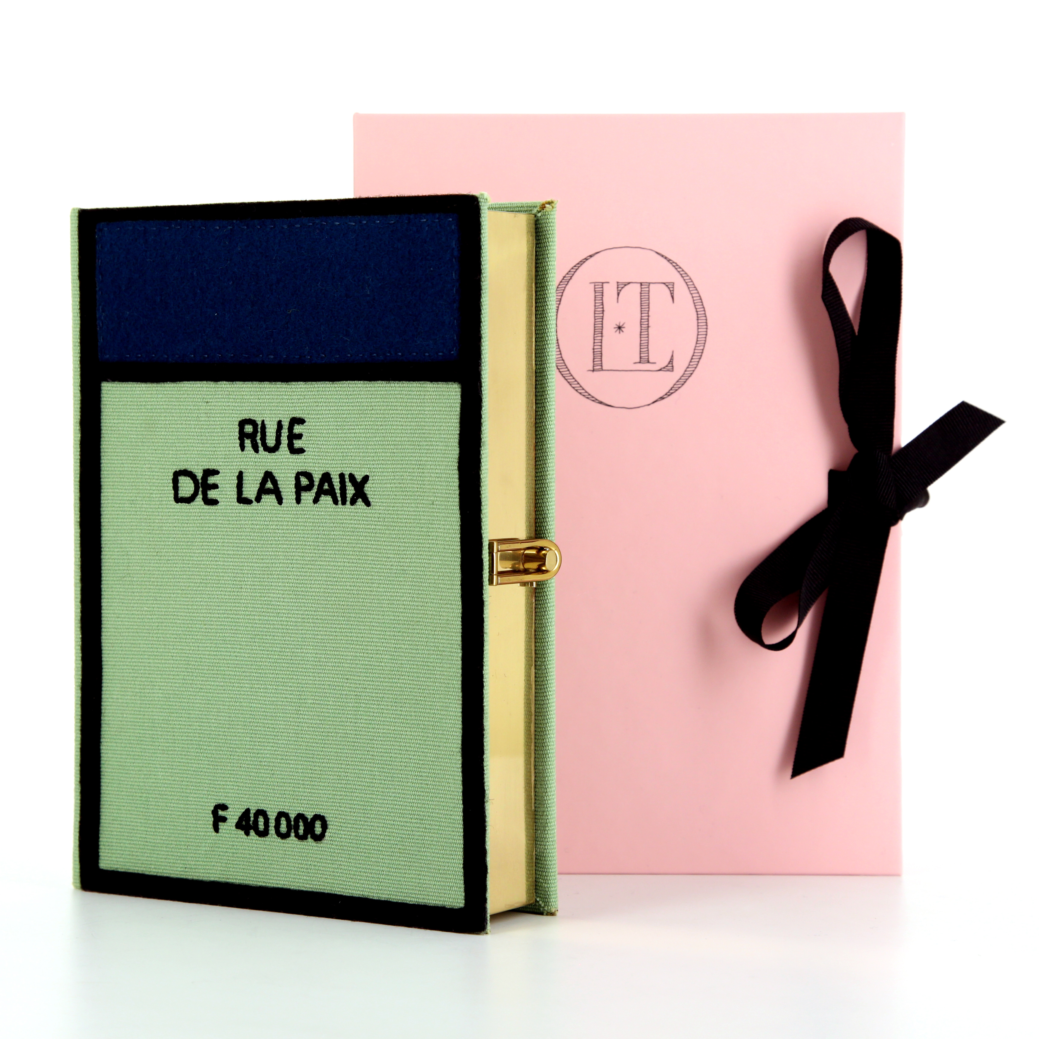 Olympia Le-Tan Rue de la Paix clutch in blue, black and green embroidered canvas - Detail D1