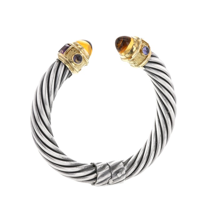 Bracelet ouvrant David Yurman Cable Renaissance grand modèle en argent,  or jaune 14 carats et pierres de couleurs - Detail D1
