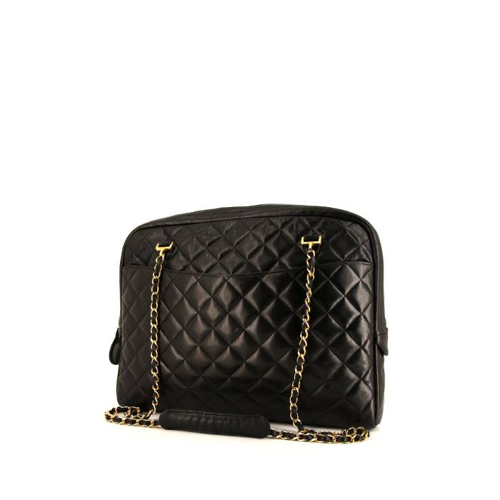 Women's Black Leather Quilted Crossbody Tote Bag with Chain Strap