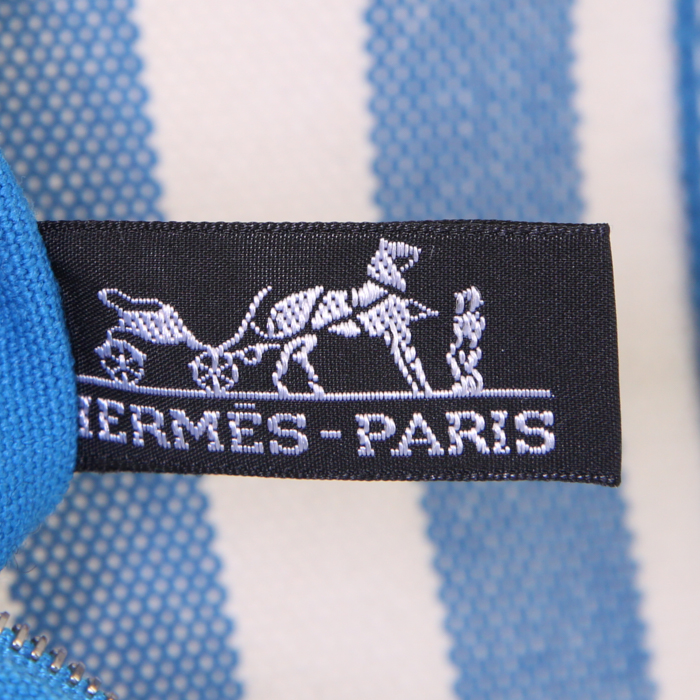 Hermès Cannes shopping bag in blue and white canvas - Detail D3