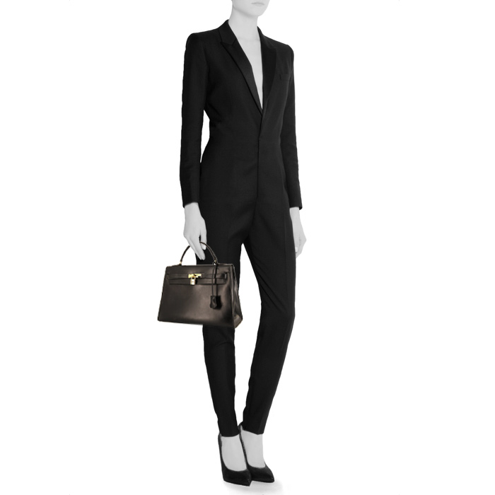 Hermes Kelly 32 cm handbag in black box leather - Detail D1