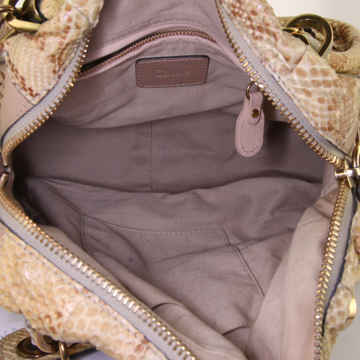 Chloé Paraty handbag in beige python and beige leather - Detail D3