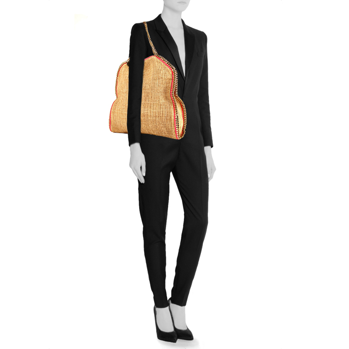 Bolso de mano Stella McCartney Falabella en raffia beige y lona rosa - Detail D1