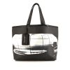 Shopping bag Chanel in tela nera con motivo e pelle nera - 360 thumbnail