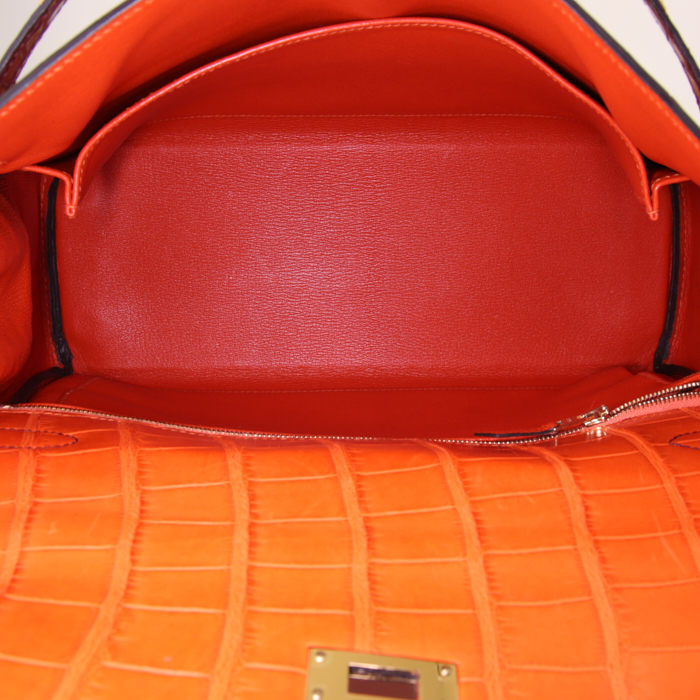 Borsa Hermes Kelly 32 cm in alligatore arancione e bordeaux - Detail D3