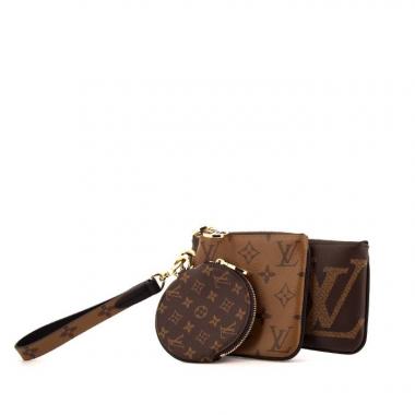 Bolsito de mano Louis Vuitton Pochette Trio en lona Monogram marrón y cuero marrón