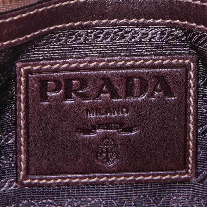 Bolso de mano Prada Jacquard en lona monogram marrón y cuero marrón - Detail D3
