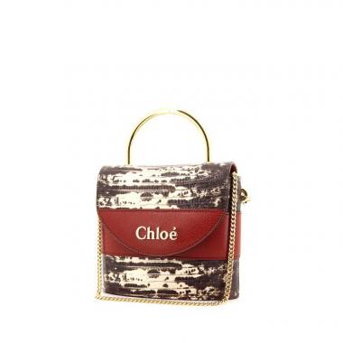 Bolso bandolera Chloé Aby Lock en piel de lagarto beige y gris y cuero color burdeos