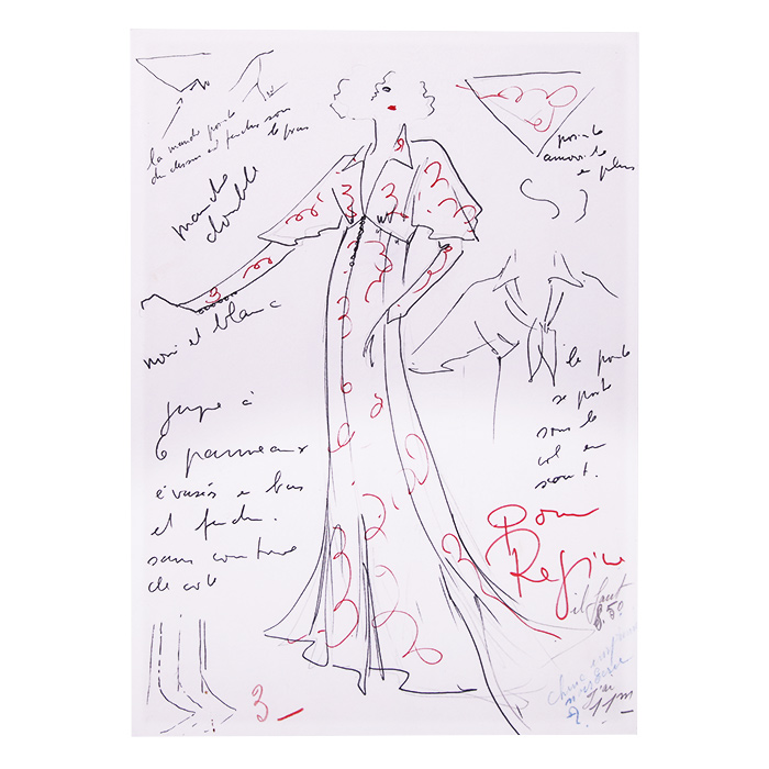 Karl Lagerfeld, fashion sketch "for Régine", mixed technique on paper, annotated, framed, probably from the 1980’s - Detail D1