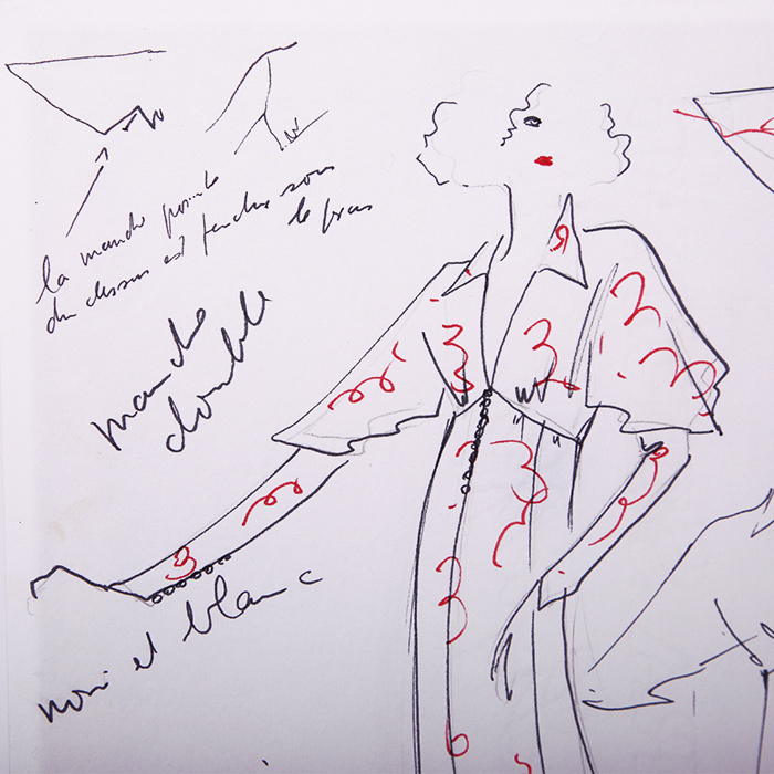 Karl Lagerfeld, dessin de mode "pour Régine", technique mixte sur papier, annoté, encadré, probablement des années 1980