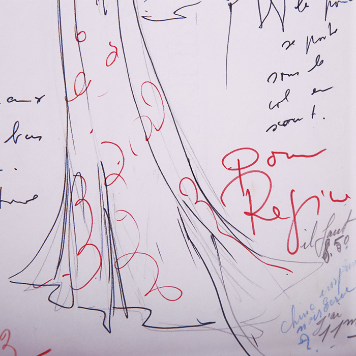 Karl Lagerfeld, fashion sketch "for Régine", mixed technique on paper, annotated, framed, probably from the 1980’s - Detail D3