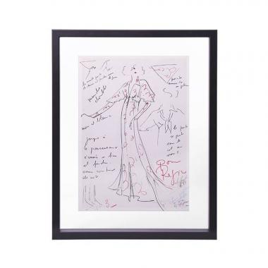 Karl Lagerfeld, dessin de mode "pour Régine", technique mixte sur papier, annoté, encadré, probablement des années 1980