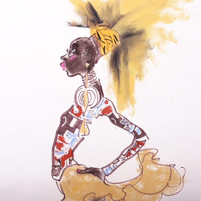 Gladys Perint Palmer, "Alek Wek parading for Jean-Paul Gaulter", original fashion drawing published in ELLE (UK) in 1991, mixed techniques on paper, signed and framed - Detail D1